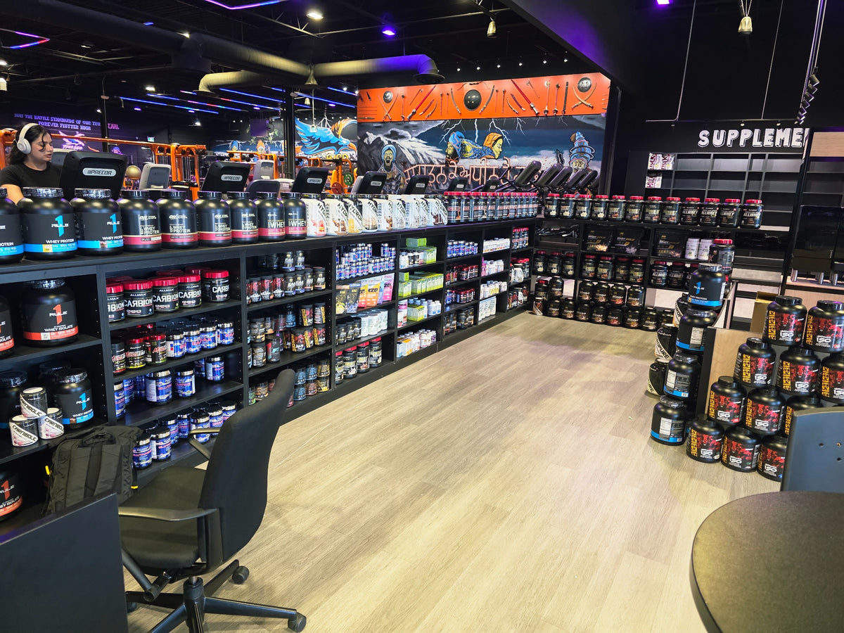Supplement shelves inside the SuppVerse store in Mississauga