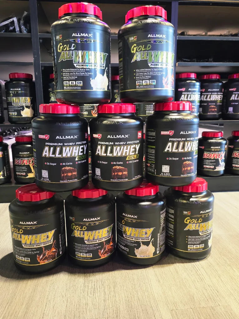 Allmax AllWhey Gold display photographed inside the SuppVerse store