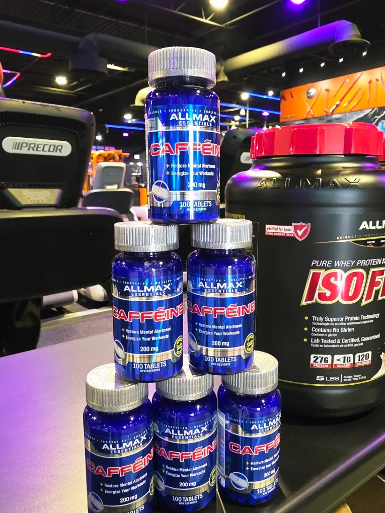Allmax caffeine display photographed inside the SuppVerse store